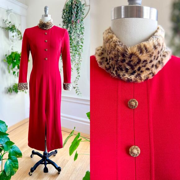 Vintage 1990s Sweater Dress 90s Leopard Print Faux Fur Red Stretchy Wiggle Maxi